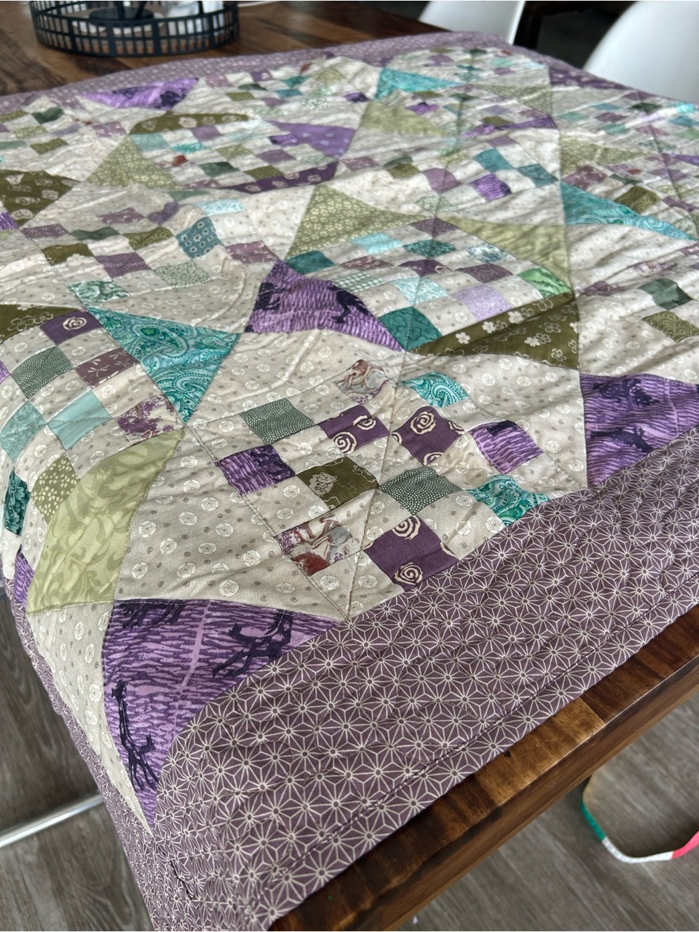 Handmade Patchwork Quilt in Purple cream 48”x42”